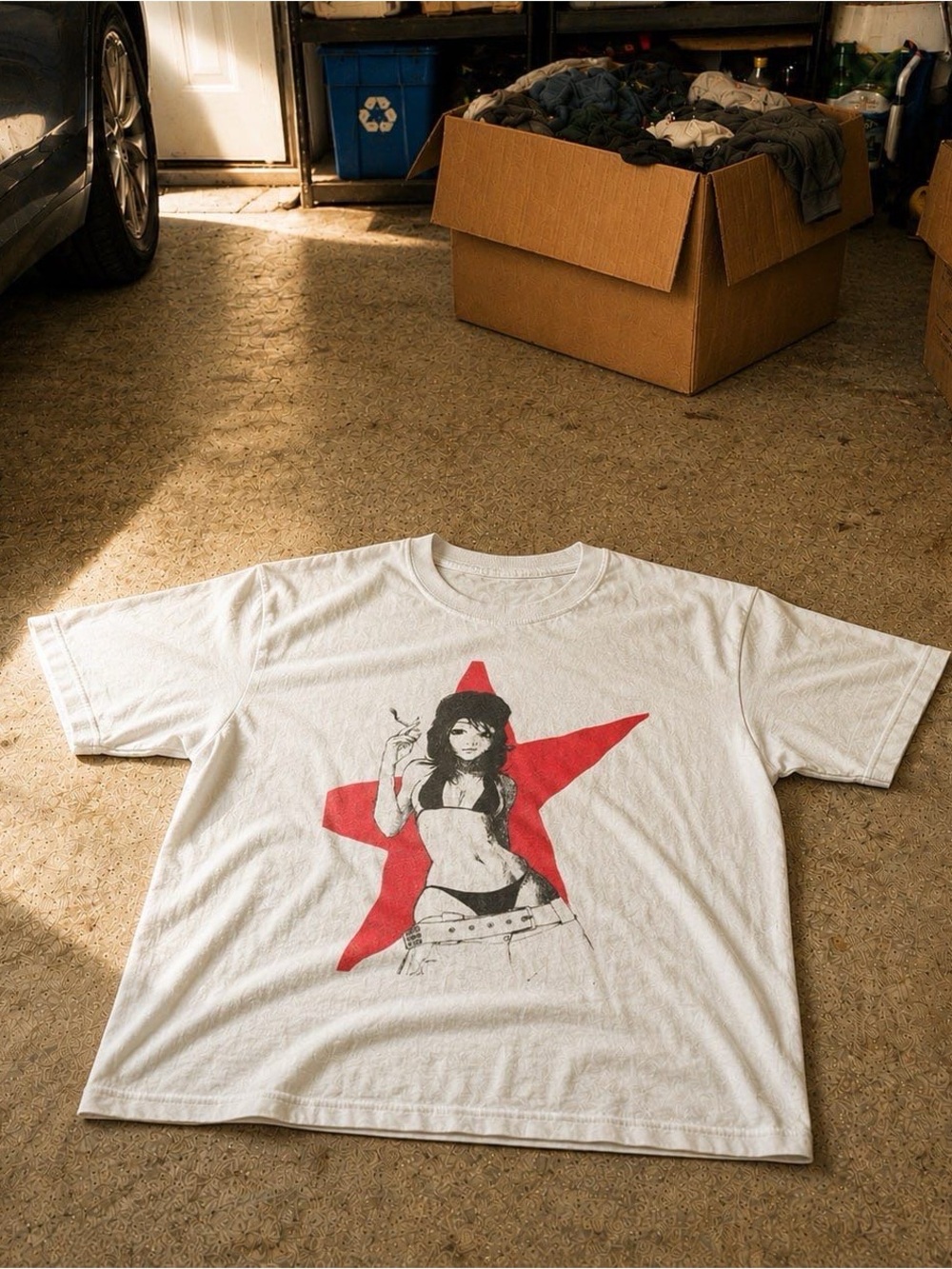 Gildan White Short-Sleeve Tee with Red Star and Girl Graphic